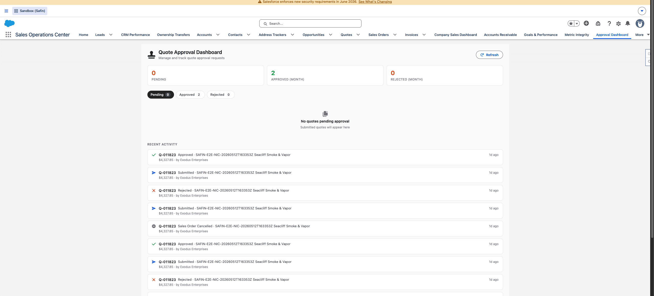 Safin dev sandbox Quote Approval dashboard
