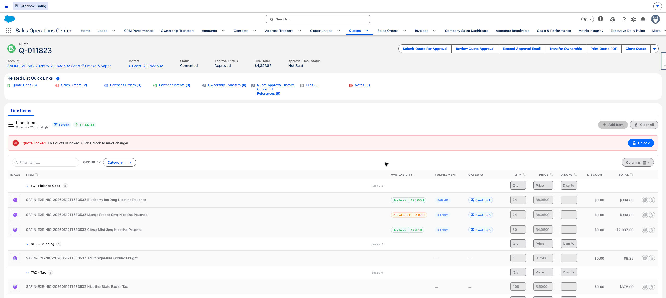 Safin dev sandbox Quote record with Line Items editor